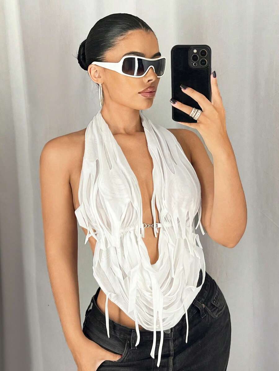 SHEIN ICON Y2k White Fitted Laser Cut Fabric Metal Chain Detail Backless Camisole For Women Rave Festival Outfits