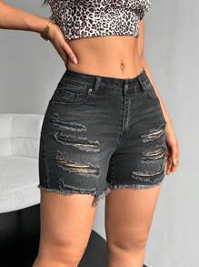 SHEIN ICON Women's Front Button Multi-Pocket Distressed Frayed Denim Shorts, Casual Everyday Wear
