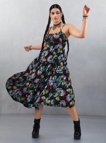Rick and Morty X SHEIN 大码朋克涂鸦收腰蝴蝶结后拉链喇叭裙，黑色， - 黑色 - 查看 6