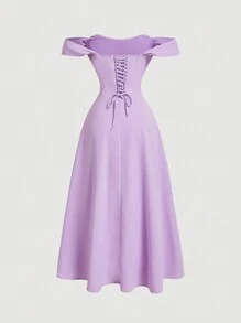 SHEIN MOD 仿鱼骨纹设计浪漫单肩连衣裙 - 紫色 - 查看 2