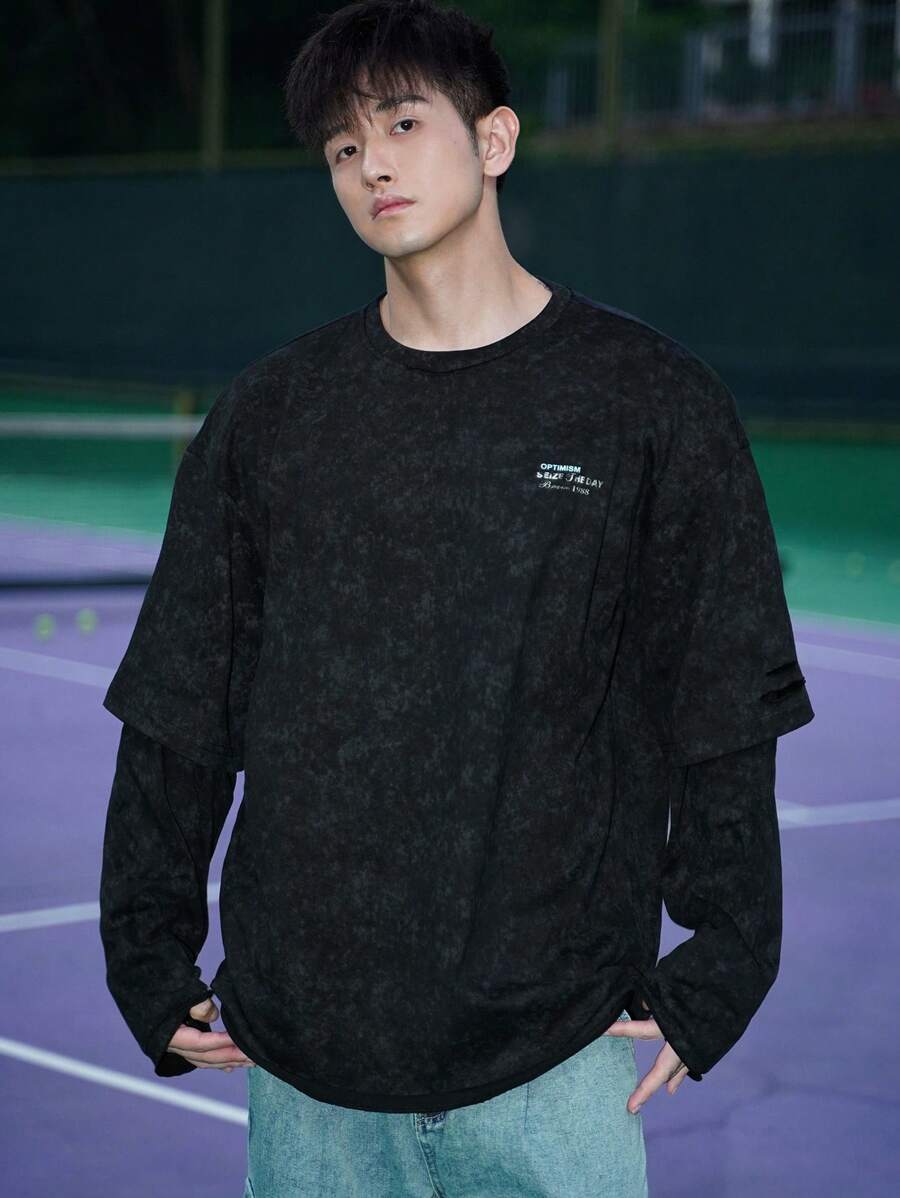 DAZY Men's Simple Round Neck Letter Print T-Shirt, Casual Autumn Wear , Black Long Sleeve - Black - View 1