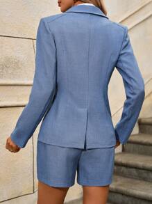 SHEIN Clasi Women Spring Autumn Double-Breasted Long Sleeve Elegant Blazer Jacket And Shorts 2pcs Suit - Blue - View 2