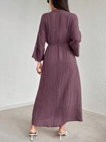 Mulvari Đầm thường ngày tay cánh dơi cài nút màu trơn mùa xuân hè cho nữ - Bụi tím - Xem 2