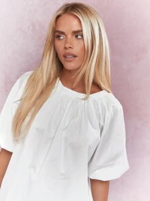MISSGUIDED Ruched Neck Balloon Short Sleeves Top - White - View 3