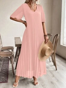 SHEIN LUNE Kỳ nghỉ hè cho nữ Váy ngắn tay cổ chữ V màu trơn xếp ly dài dáng rộng - Bụi hồng - Xem 5