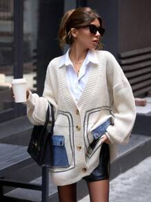 EURMUSE 女士针织开衫配牛仔细节口袋秋冬外套夹克 - 杏色 - 查看 6