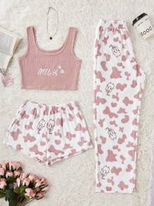 SHEIN Conjunto de pijama de mujer con top de tirantes con cuello redondo y bordado de letras, shorts y pantalones con estampado total, esponjoso, ropa de otoño e invierno, acogedor - Rosa - Ver 3