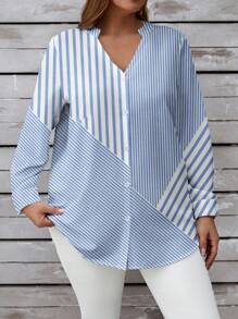 SHEIN LUNE Plus Size Women's Casual V-Neck Blue & White Stripe Button Down Long Sleeve Shirt, Suitable For Autumn - Blue and White - View 1