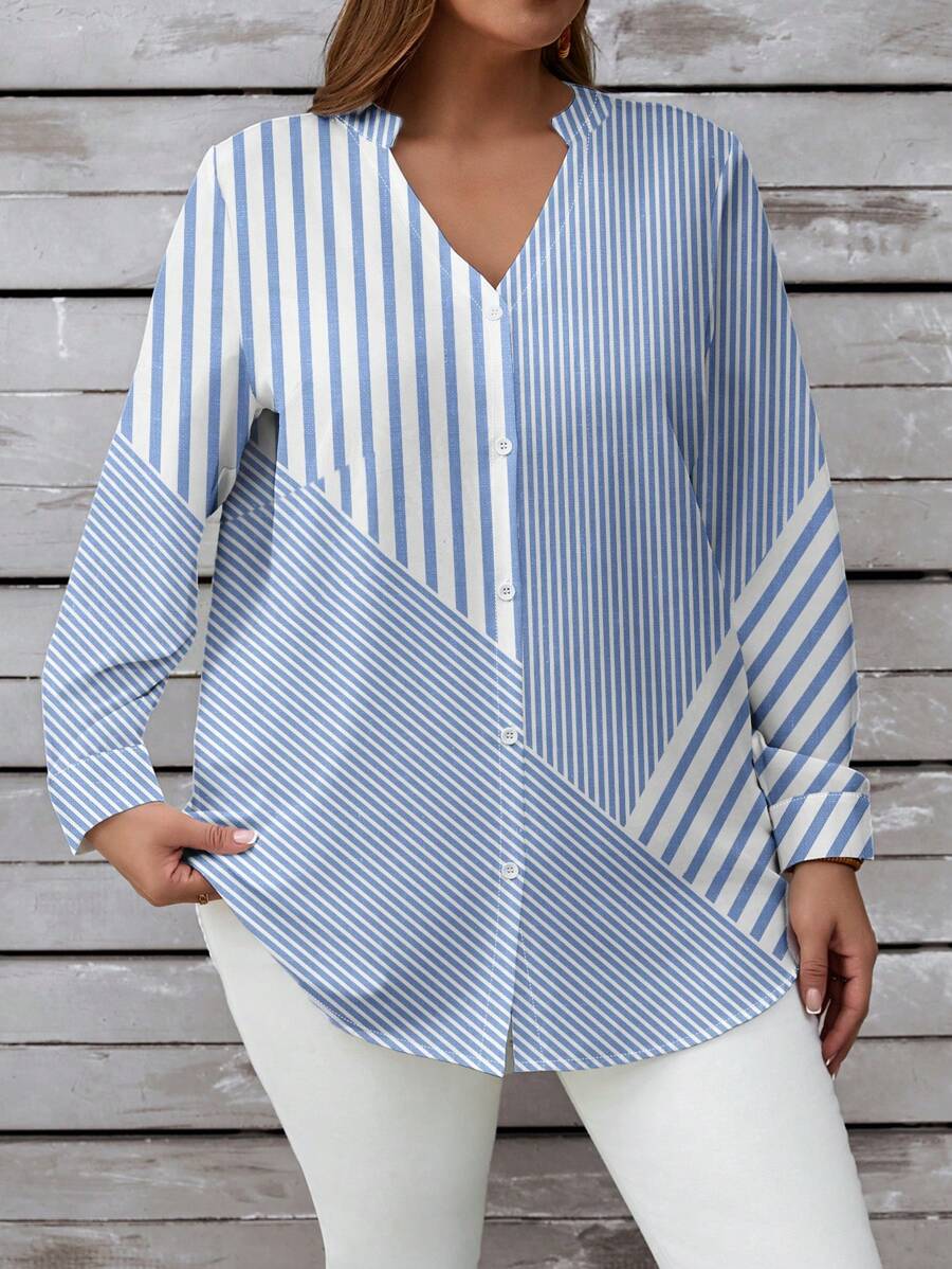 SHEIN LUNE Plus Size Women's Casual V-Neck Blue & White Stripe Button Down Long Sleeve Shirt, Suitable For Autumn - Blue and White - View 1