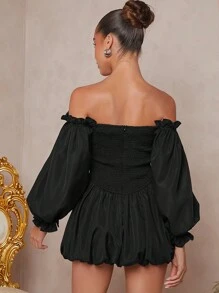 L'Amorae Đầm mini trễ vai tay đèn lồng viền phồng - màu đen - Xem 2