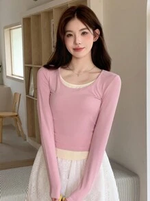 DAZY Áo thun dài tay cổ tròn màu tương phản dành cho nữ, Xuân/Hè - Hồng - Xem 3