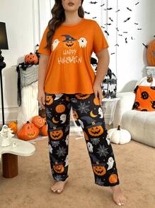 Halloween Pumpkin & Ghost Letter Print Plus Size Pajama Set - Multicolor - View 6