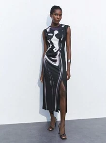 Maija Women's Abstract Oil Painting Round Neck Sleeveless Simple Casual Dress - Black - View 3