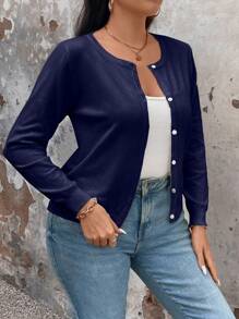 Plus Size Plain Button Front Long Sleeve Casual Jacket, For Winter Fall Cloth For Women - Blue - View 3