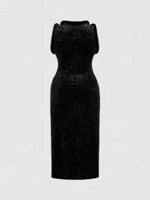 SHEIN MOD Robe longue sans manches décorative en velours noir pour femmes grande taille - Noir - Voir 2