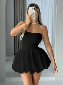 SHEIN ICON Váy mini phồng không dây màu đen trơn thời trang mùa hè - màu đen - Xem 6