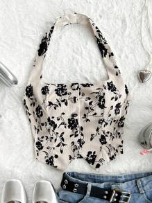 Soleia 女士复古印花露背无袖不对称下摆短款吊带背心，度假装，秋季女装，可内可外穿，感恩节，早午餐，返校节上衣，生日装 - 杏色 - 查看 6