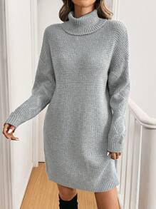 SHEIN LUNE Women's Long Sleeve Turtleneck Sweater Dress - Light Grey - View 6