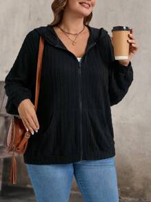 SHEIN LUNE Plus Size Winter Clothes Textured Fabric & Comfortable Hooded Pocket Coat - Black - View 2