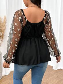 SHEIN Frenchy 大码秋季黑色蕾丝拼布透视长袖上衣、休闲装、万圣节 - 黑色 - 查看 5