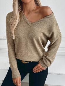 SHEIN LUNE Fashionable Loose Casual V-Neck Sweater For Women - Khaki - View 5