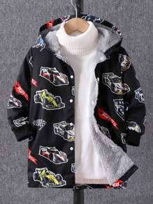Young Boy Cool Race Car & Letter Graphic Print Thermal Lined Hooded Long Jacket For Fall/Winter, Suitable For Pairing With T-Shirt Or Sweatshirt, Comfortable, Warm And Fashionable Kids Boys Coat