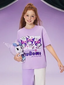 HELLO KITTY AND FRIENDS | SHEIN Tween Girl Kuromi 卡通图案紫色休闲百搭可爱短袖上衣 - 紫色 - 查看 1