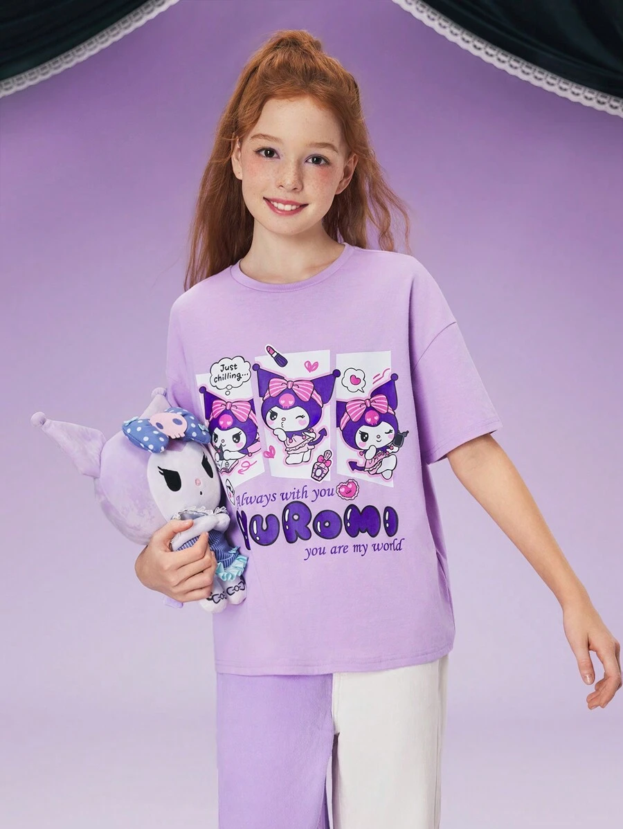 HELLO KITTY AND FRIENDS | SHEIN Tween Girl Kuromi 卡通图案紫色休闲百搭可爱短袖上衣 - 紫色 - 查看 1