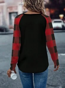 EMERY ROSE 女式春夏拼布格子印花插肩袖休闲 T 恤图案 T 恤女式上衣 - 黑色 - 查看 2