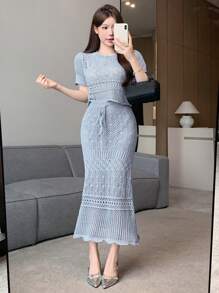 DAZY 2 bucăți/Set Tricou tricotat cu gât roșu și mini-fustă cu noduri ținută elegantă, volan - Albastru - Vizualizare 9