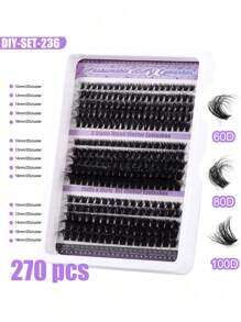 270 /300PCS DIY Lash Extension Kit, 10-18mm Length Mixed Black Single Eyelash Set, D30+D40+D50/60D+80D+100D Black D Curl Eyelash Bundle Extension Kit, Large Capacity Cluster False Eyelashes, Including Mascara Brush Tweezers Double Tip Adhesive Eyelash Removal Cream, For Home And Travel