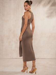 SHEIN Unity Vestido Sencillo Y Ajustado, Sin Mangas, Con Cuello Halter Y Detalle De Lazo En El Frente - Marrón - Ver 3