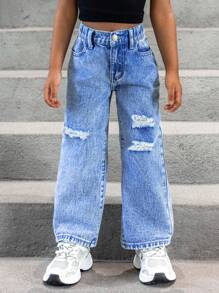 Young Girl Ripped Straight Leg Jeans - Light Wash - View 5