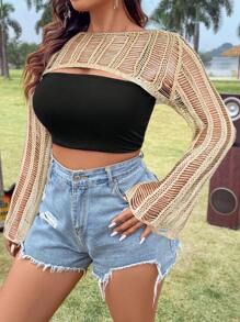 SHEIN Essnce Áo len dài tay dáng lửng, cổ tròn, khoét lỗ, chất liệu xuyên thấu, cỡ lớn, dành cho mùa thu đông. - Màu be - Xem 3