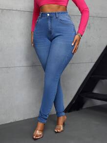 SHEIN SXY 大码弹力牛仔紧身裤 - 藍色 - 查看 3