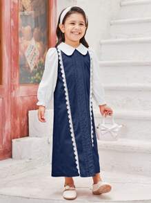 SHEIN Young Girl Contrast Color Peter Pan Collar Contrast Lace 2-In-1 Dress, Suitable For Daily Wear, Family Gathering, Birthday Party, Special Occasions, Suitable For Autumn And Winter
