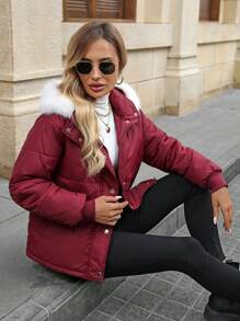SHEIN LUNE Maroon Long Sleeve Loose Quilted Padded Coat With Removable Fur Collar And Pockets - Redwood - View 6
