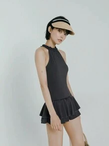 DAZY 女士纯色简约露肩连体泳衣夏季海滩 - 黑色 - 查看 3