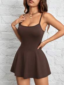 SHEIN PETITE Dây đeo nữ có viền màu trơn có thể bỏ túi thể thao và giải trí Quần Culottes một mảnh chống lộ hàng ngày - màu nâu - Xem 7