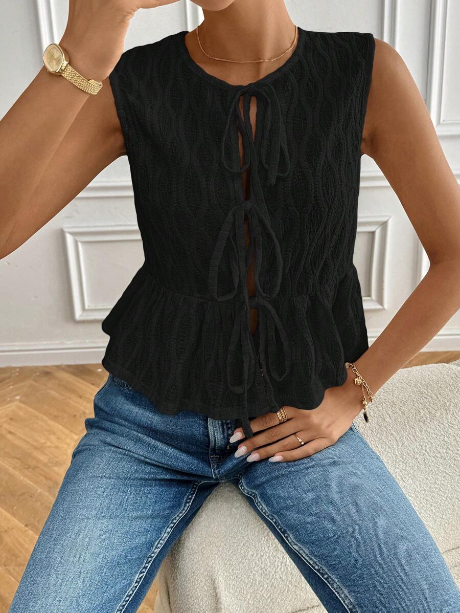 SHEIN Frenchy Top de tirantes de mujer con textura, anudado y atado, con volante en el bajo - Negro - Ver 1