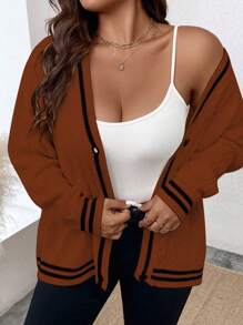 Calvaya Plus Size Casual Colorblock Striped Cardigan, Spring/Fall - Brown - View 5