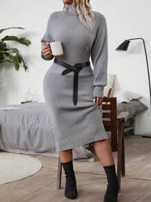 Calvaya Vestido de suéter de cuello alto de diseño ceñido a la cintura, de moda y sencillo en tallas grandes