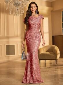 女士不对称领口褶饰亮片派对礼服婚礼宾客礼服正式礼服晚礼服、新娘礼服、生日礼服、毕业礼服 - 西瓜粉 - 查看 1