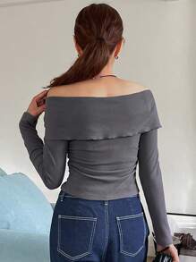 DAZY Women's Solid Color Off-Shoulder Buttoned Collared T-Shirt, Casual Daily Wear
