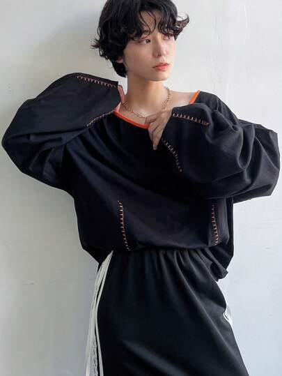 FRIFUL 女式超大对比针脚 T 恤，休闲秋季 T 恤，黑色长袖