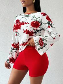 Zolique 2pcs/Set Atasan Wanita Lengan Panjang Leher Bulat Motif Seluruh Permukaan dan Celana Pendek Modis Slim-Fit untuk Musim Gugur - MultiWarna - View 5