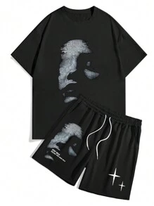 GENIUS ODE Men's 2 Pieces Set, Round Neck Face Print Short Sleeve T-Shirt And Drawstring Casual Shorts