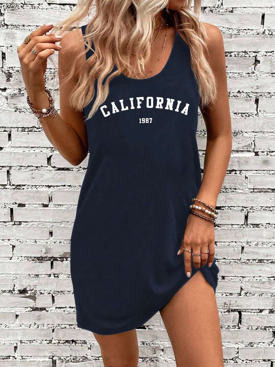 SHEIN LUNE CALIFORNIA Letter Graphic Crop Top And Mini Skirt Set, Casual For Summer Suitable For Going Out - Navy Blue - View 1