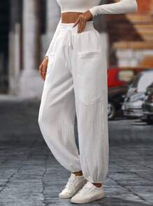 Chiquease 女士休闲纯色抽绳褶腰慢跑裤