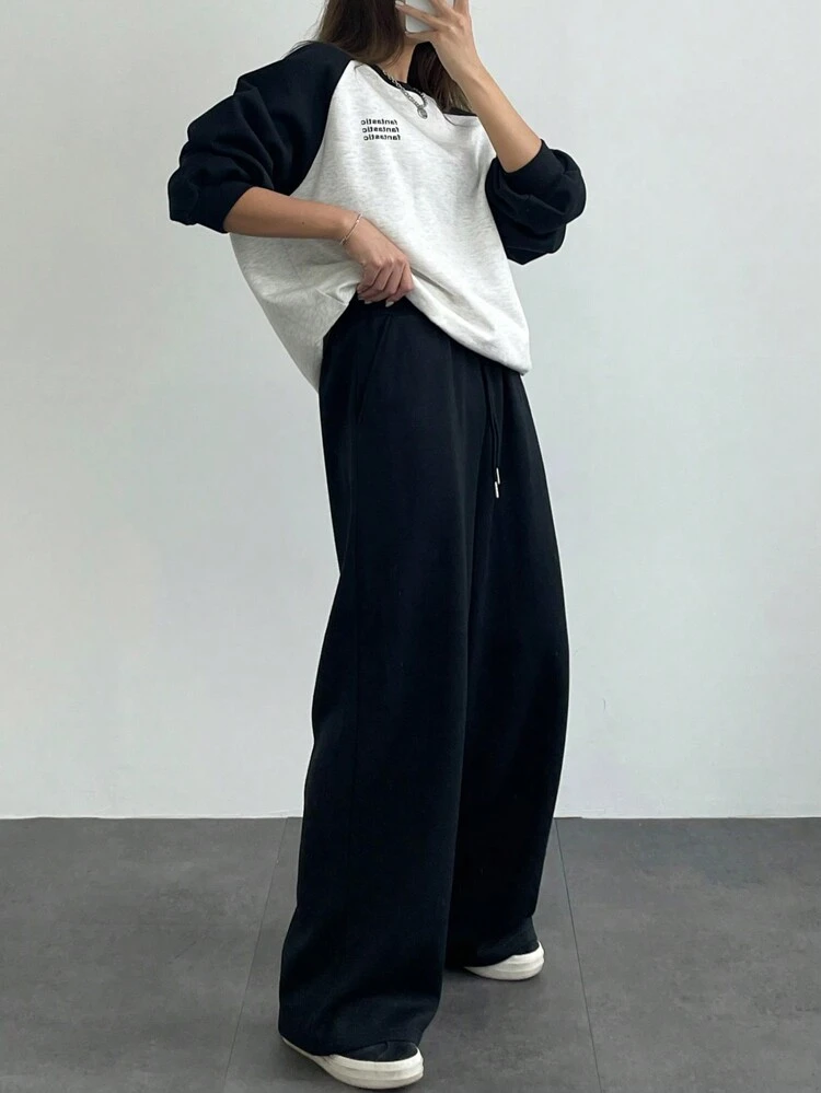 2pcs Women's Contrast Color Letter Print Crew Neck Long Sleeve Top And Drawstring Solid Color Pocketed Long Pants Set Fall/Winter Lounge Sets For Women